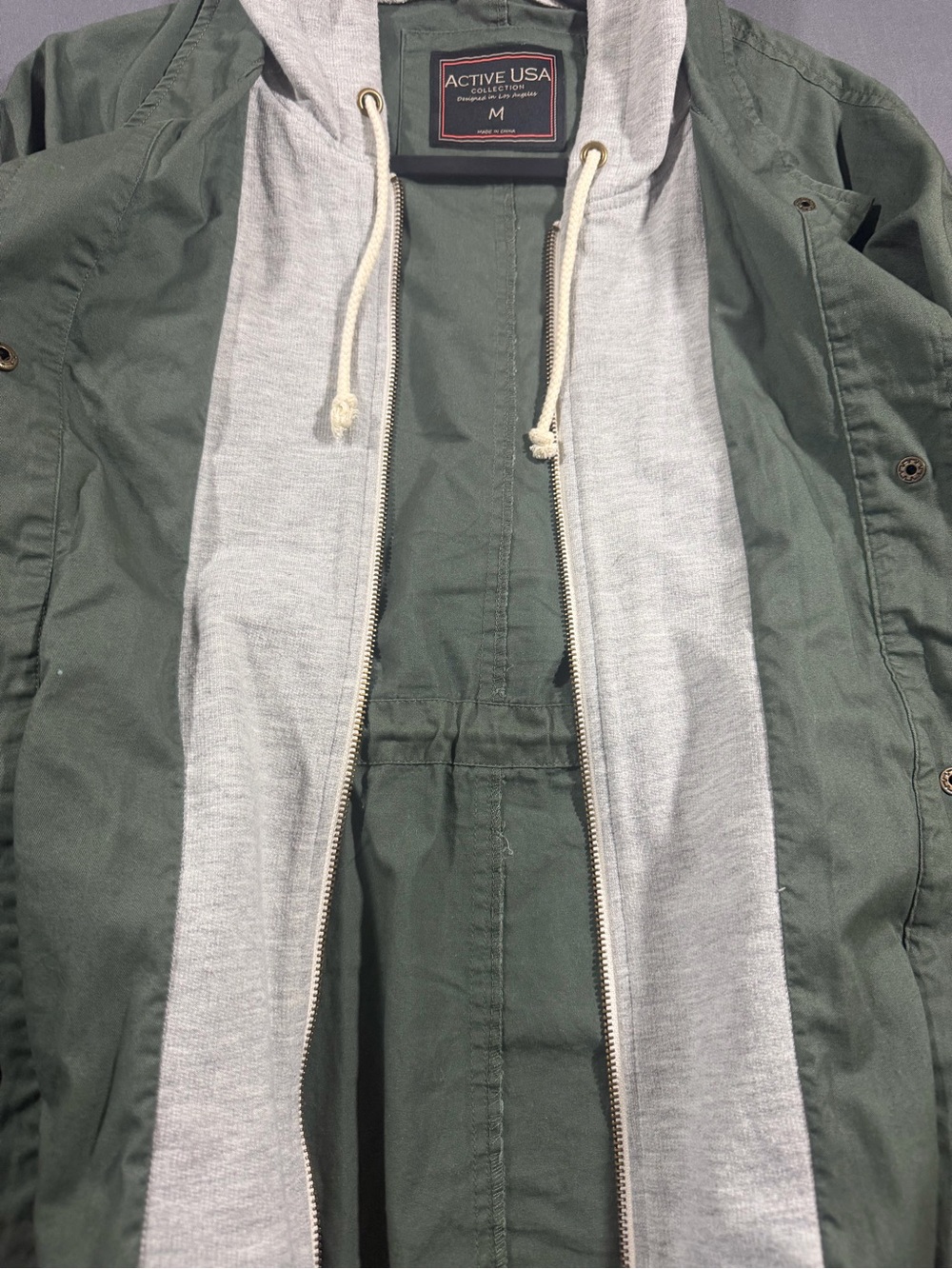 Active USA Olive Green Utility Jacket with Hood and Drawstring - Picture 3 of 7